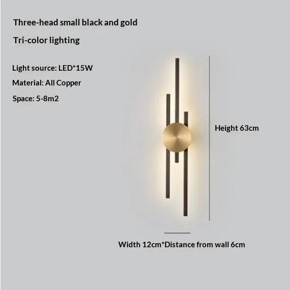 Nordic copper or black wall lamp with two or three heads, 64cm, 94cm, or 123cm long, for living room or corridor