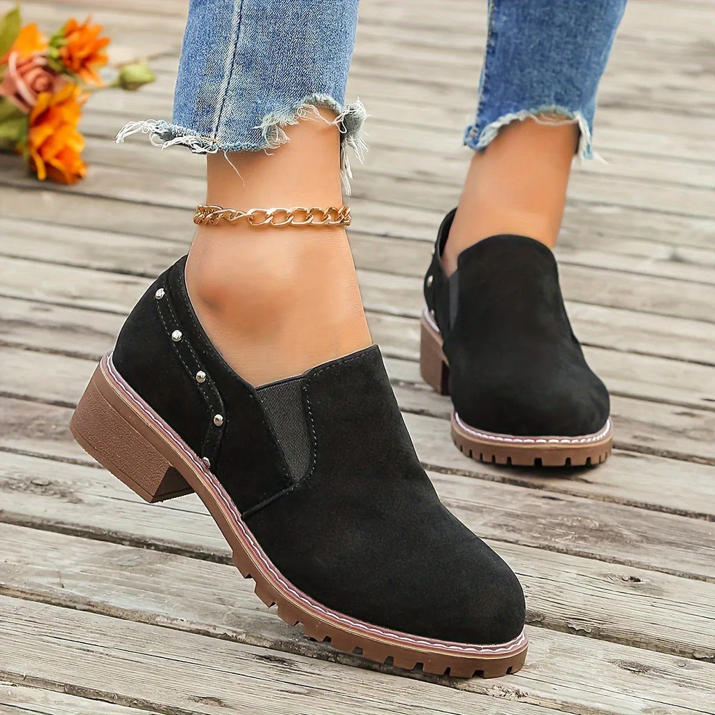 Women's plus size suede ankle boots with low heel and elastic band in light brown