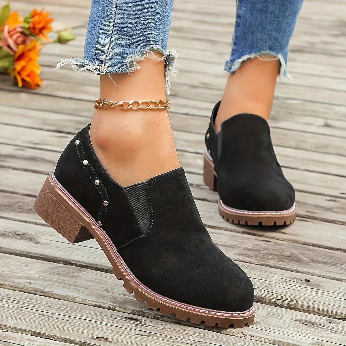 Women's plus size suede ankle boots with low heel and elastic band in light brown