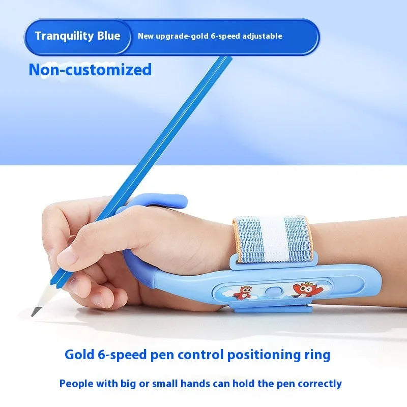 Blue anti-hook wrist brace corrector for handwriting posture and pencil grip training