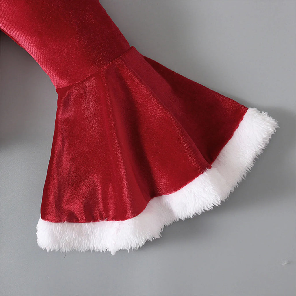 Red Korean velvet children's Christmas three-piece outfit with shirt, bell bottom trousers, and hat for ages 3-8