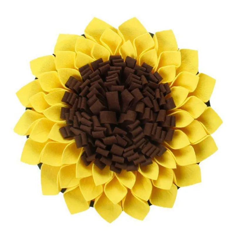 Yellow sunflower-shaped dog snuffle mat with rope and buckle for slow feeding and nosework training.