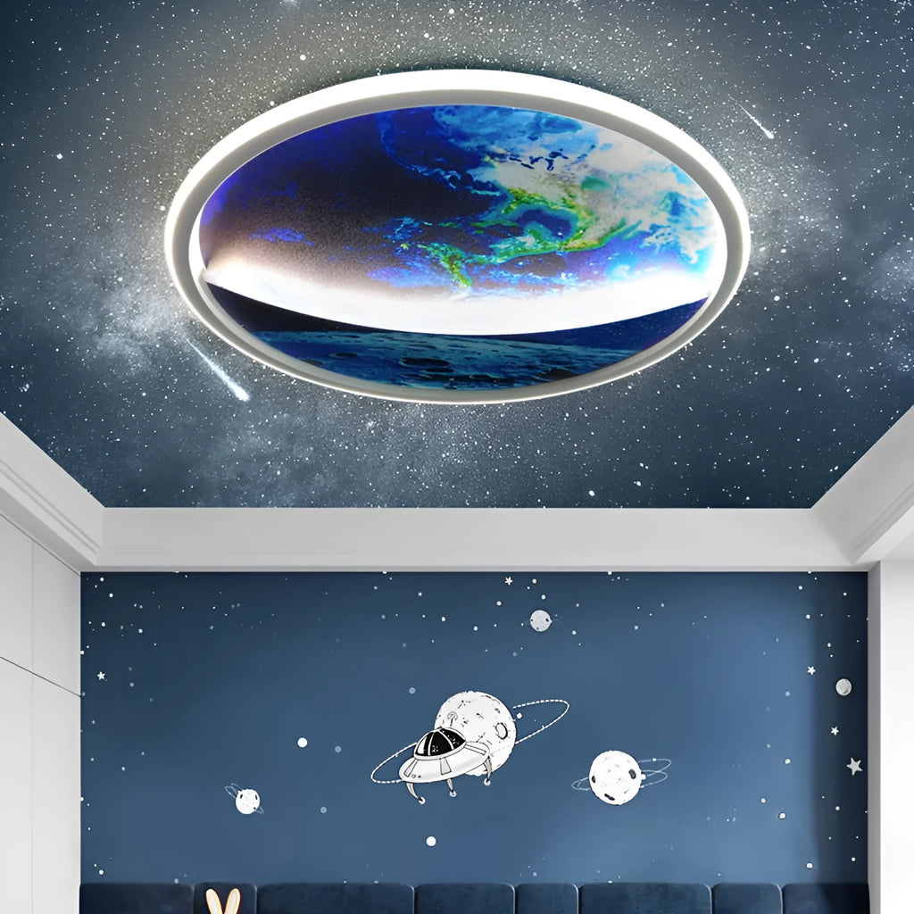 Round 30x6cm LED ceiling light with planet Earth design, aluminium body, PC shade, 50W, for children's rooms