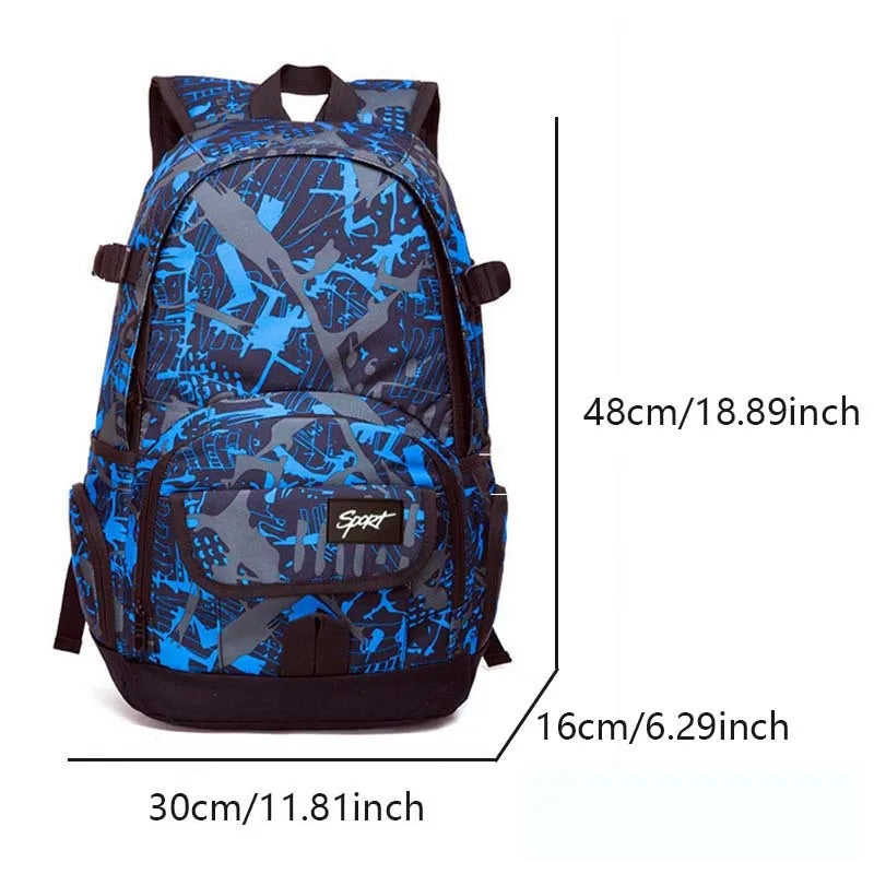 Classic blue nylon backpack with large capacity and multiple compartments