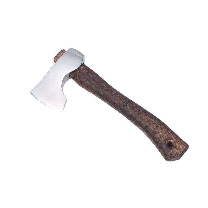 Camping axe with high carbon steel head and wooden handle for outdoor use