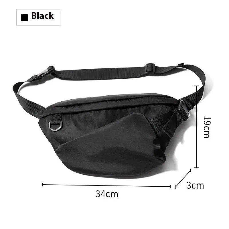 Black men's Japanese leisure slanted chest bag with visible sewing lines on Oxford fabric