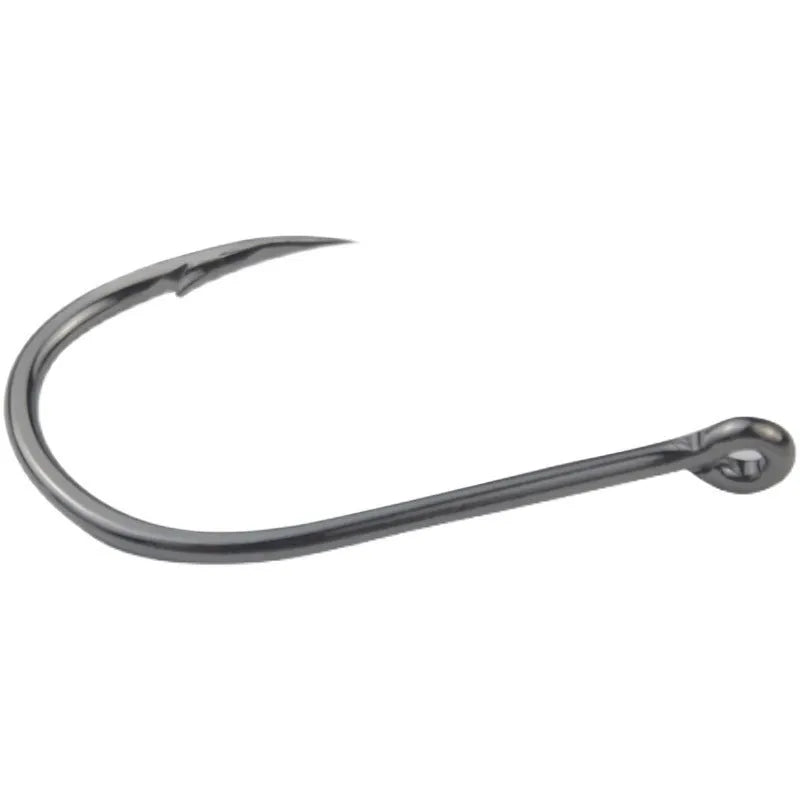 Barbed fishing hooks in various sizes from small to large on a blue background
