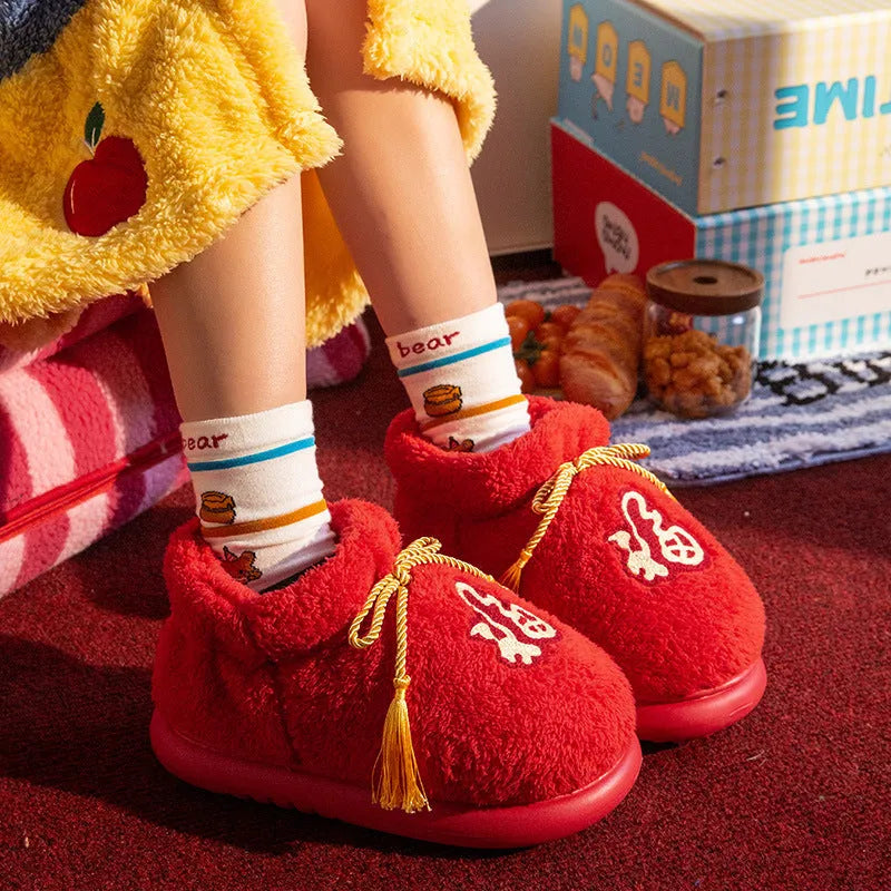 Red ethnic indoor woolen slippers with suede upper and EVA sole, sizes 36 to 45