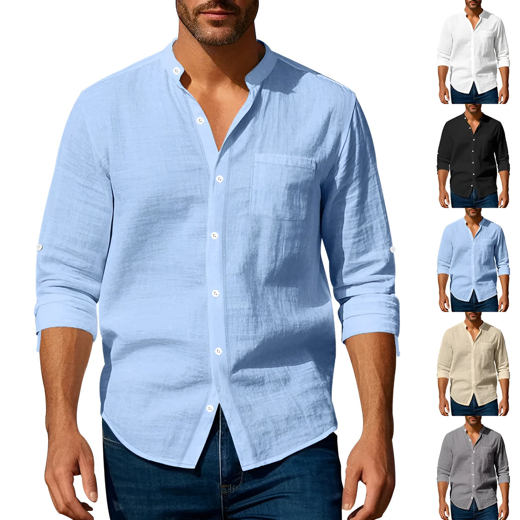 Men's long sleeve stand collar shirt with pockets in light blue, khaki, white, black or dark grey, sizes S to XXXL