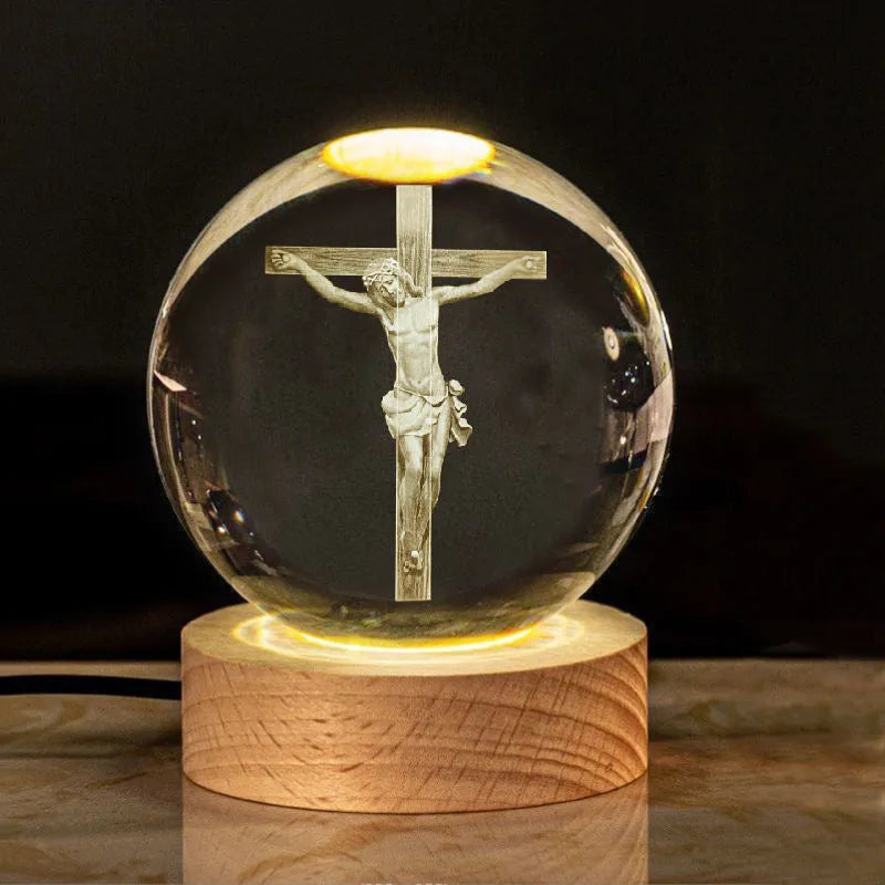 6cm white crystal ball desk lamp with religious symbols on solid wood warm light base