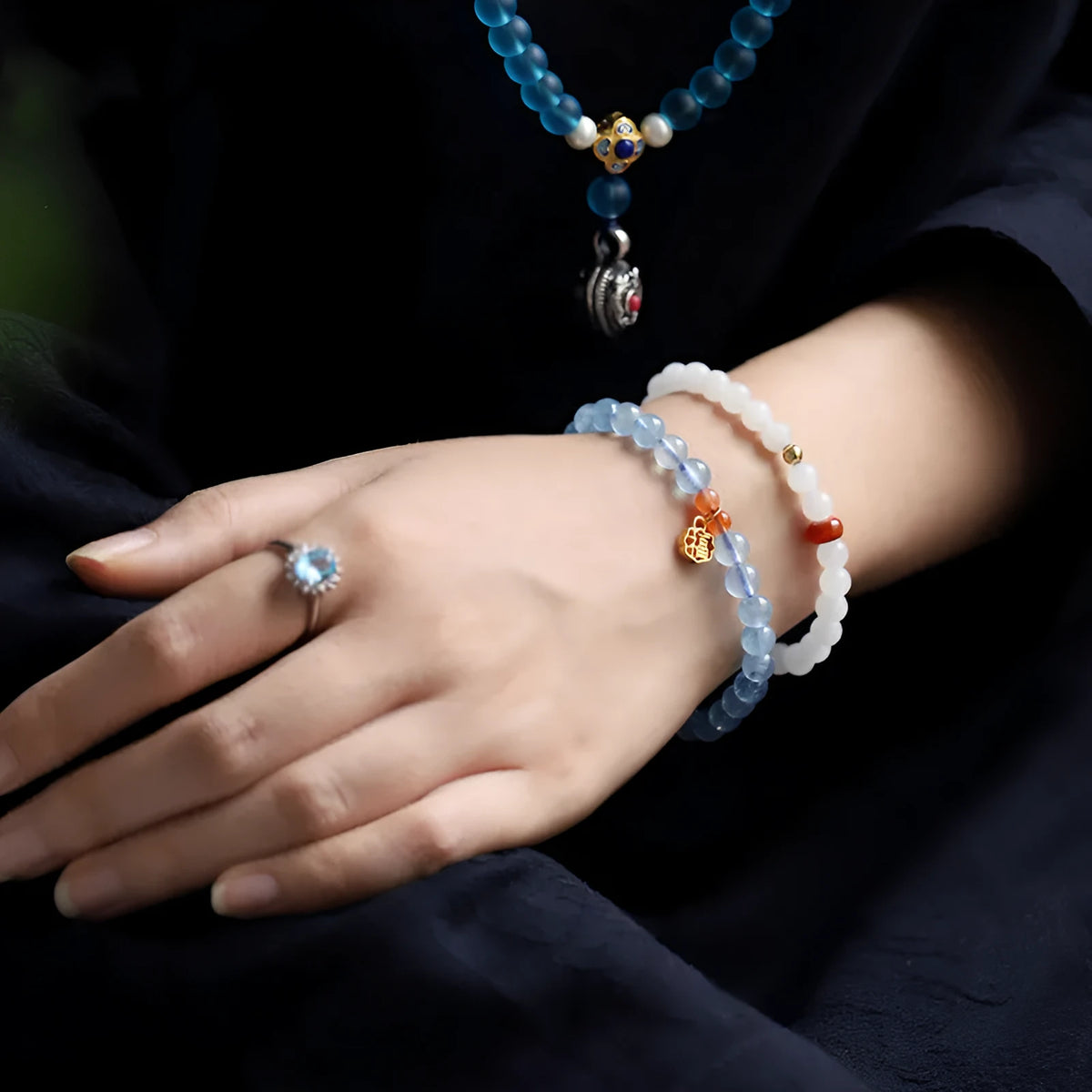 Women's natural crystal bracelet with 8mm ice translucent round beads and sequin accents