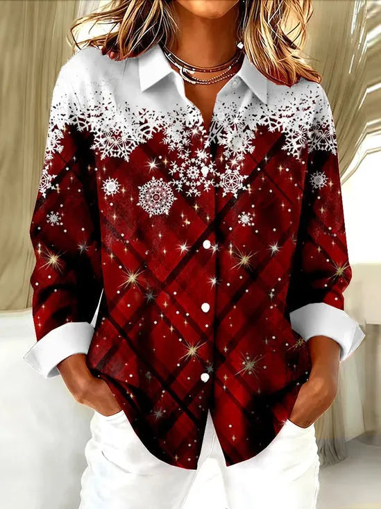 Women's long sleeve check print shirt, loose fit, polyester, sizes XS to 4XL