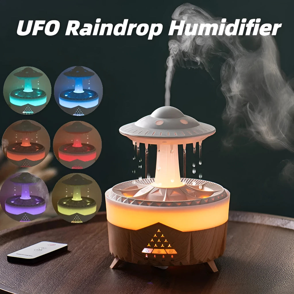 White UFO Raindrop Humidifier with 7-colour nightlight and essential oil diffuser on table