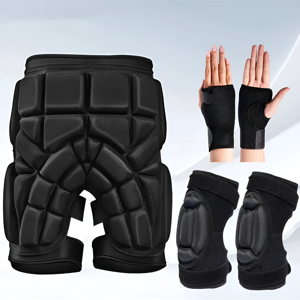 Roller skating and ski hip protection set with knee and elbow pads and steel plate hand protection option