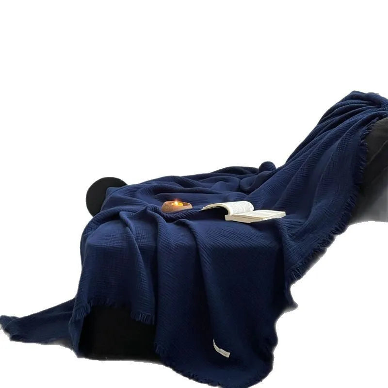 Maillard style four-layer wrinkle yarn tassel blanket in pure cotton chenille, available in multiple colours for sofa or office