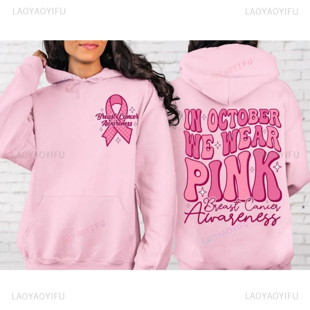 Breast Cancer Awareness pullover hoodie with retro art design and side seam pockets in a choice of colours.