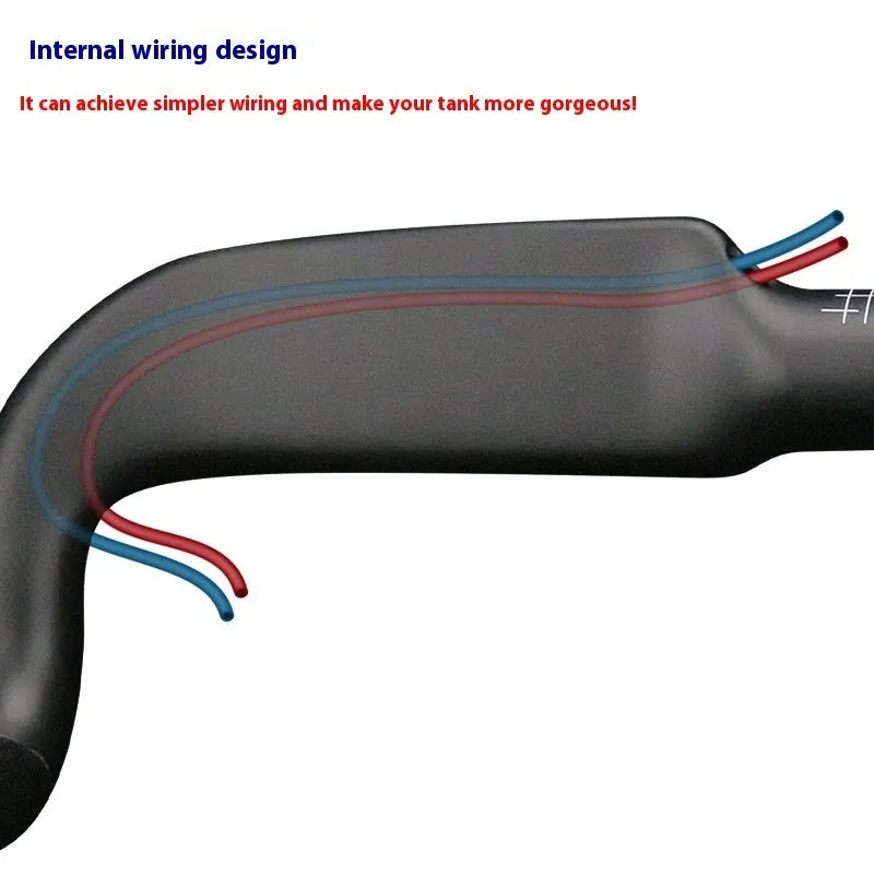 Carbon fibre road bicycle handlebar with double line graphics in black or red, showing 400mm, 420mm, 440mm width options.