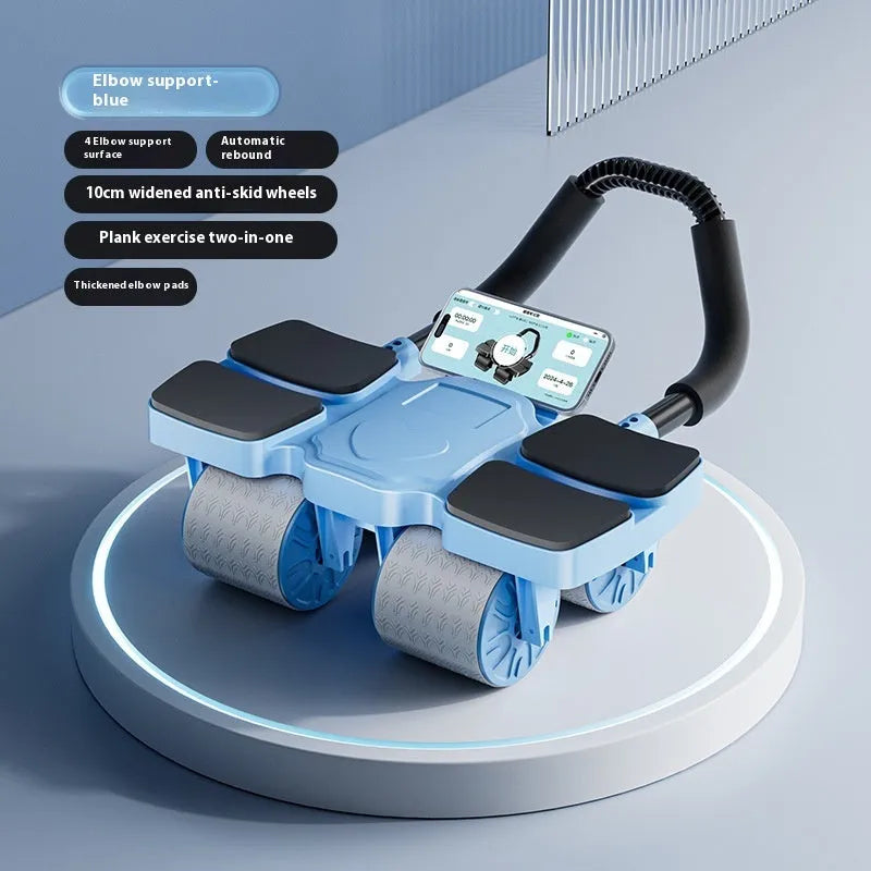 Abdominal wheel fitness equipment with four wheels in black, blue, or orange colour options
