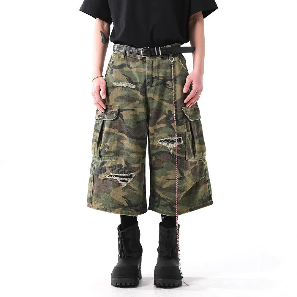 Retro camouflage cropped cotton denim trousers for men, straight-leg, mid-waist, available in sizes S to XXL.