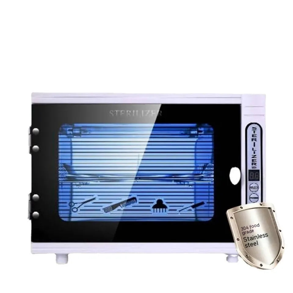 Small silver UV steriliser for salon tools with stainless steel interior and compact design