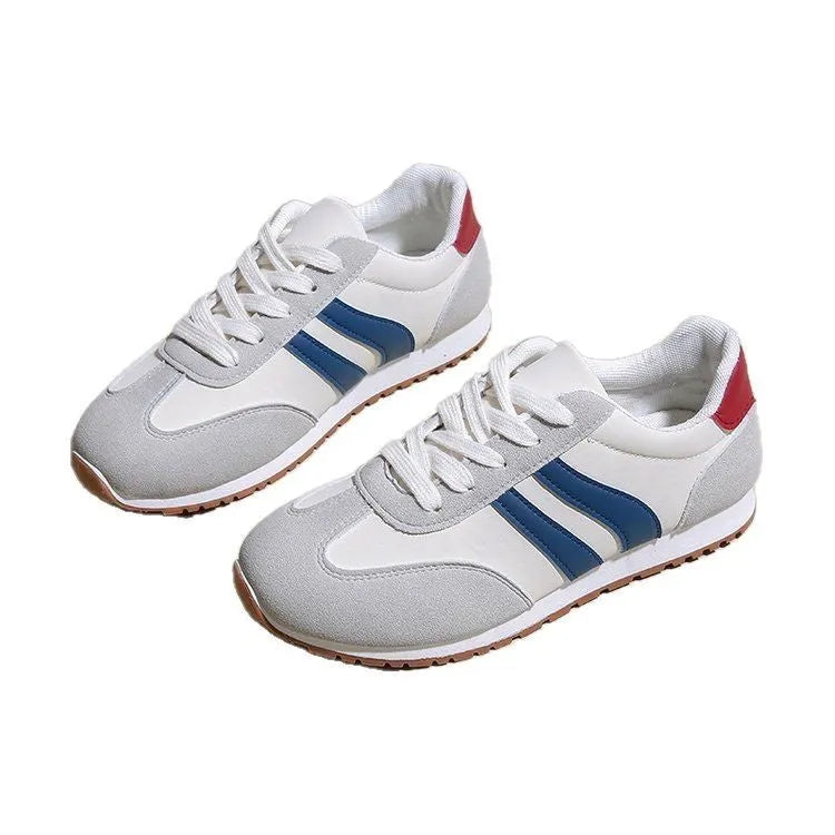 Blue and grey striped Cortez-style leisure sports shoes with a flat rubber sole.