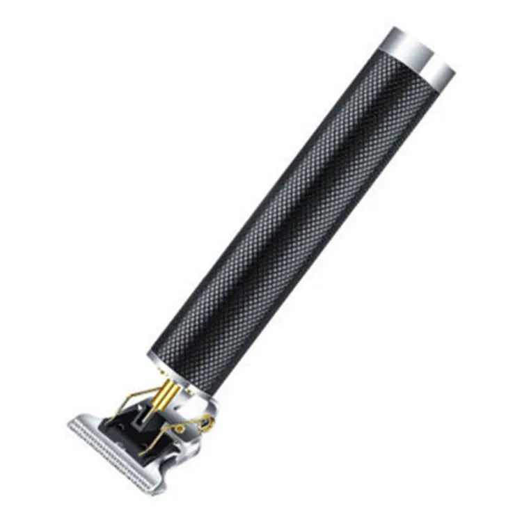 Black USB rechargeable electric hair clipper with gold steel blades and four guide combs