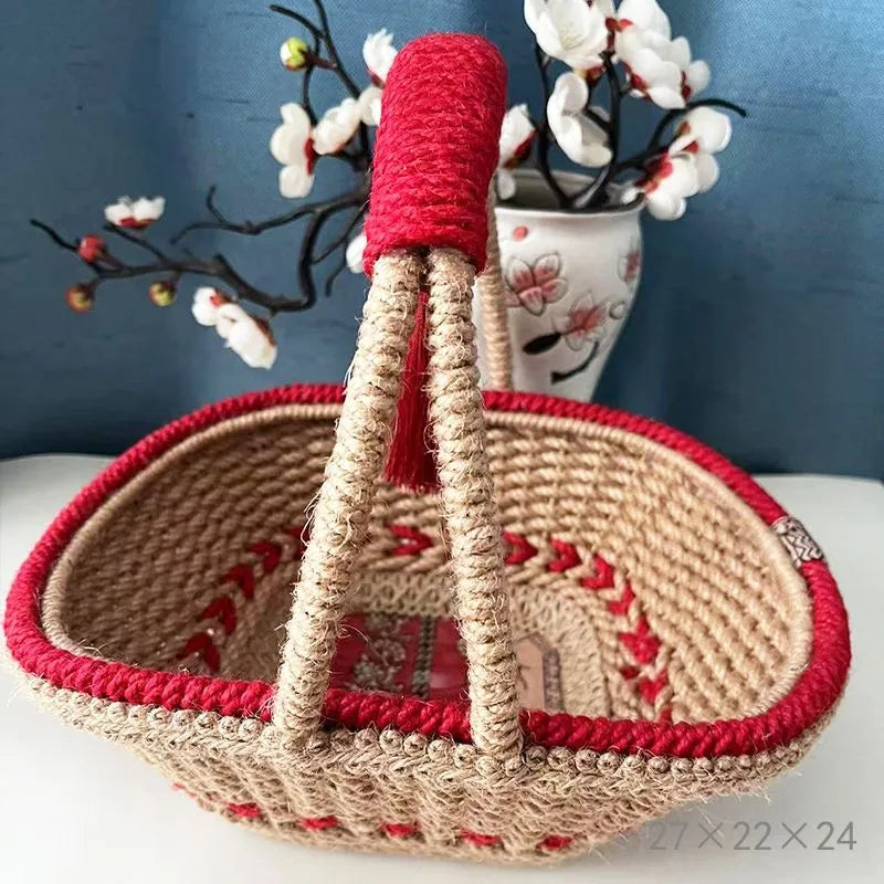 Xi Blue hand-woven straw basket with twine finish, 27x22x24cm, retro national wind style for living room