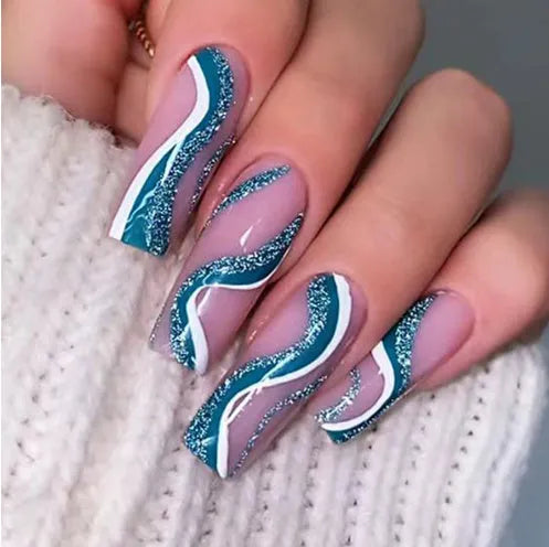 Ballet Wave Line design detachable nail stickers with jelly glue tubes, part of a 24 or 96 piece set.