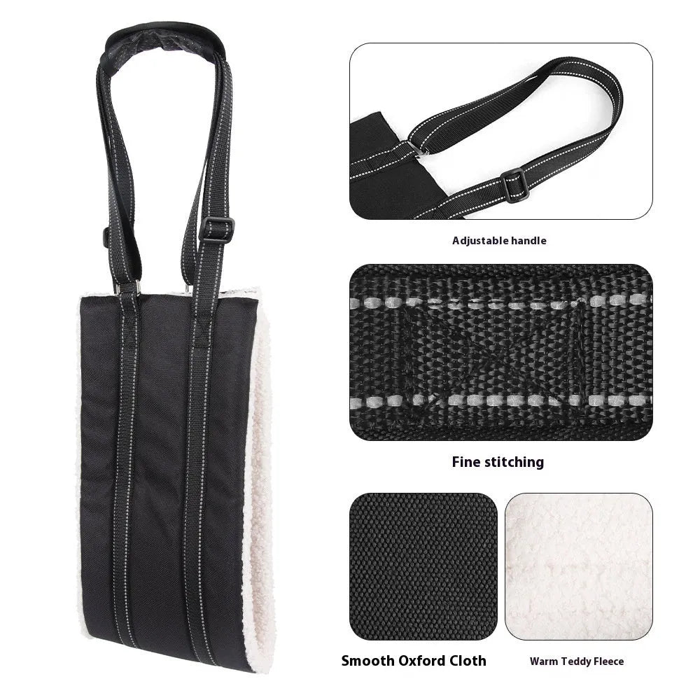 Black teddy plush adjustable dog rehabilitation training belt in sizes S M L XL with auxiliary tape