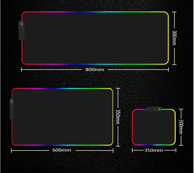 RGB luminous mouse pad with switch control, multiple sizes, 3mm or 4mm thickness, and 2m data cable included.