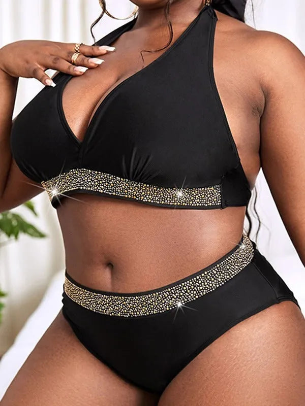 Black plus size women's bikini swimsuit with bra and shorts in polyester fabric