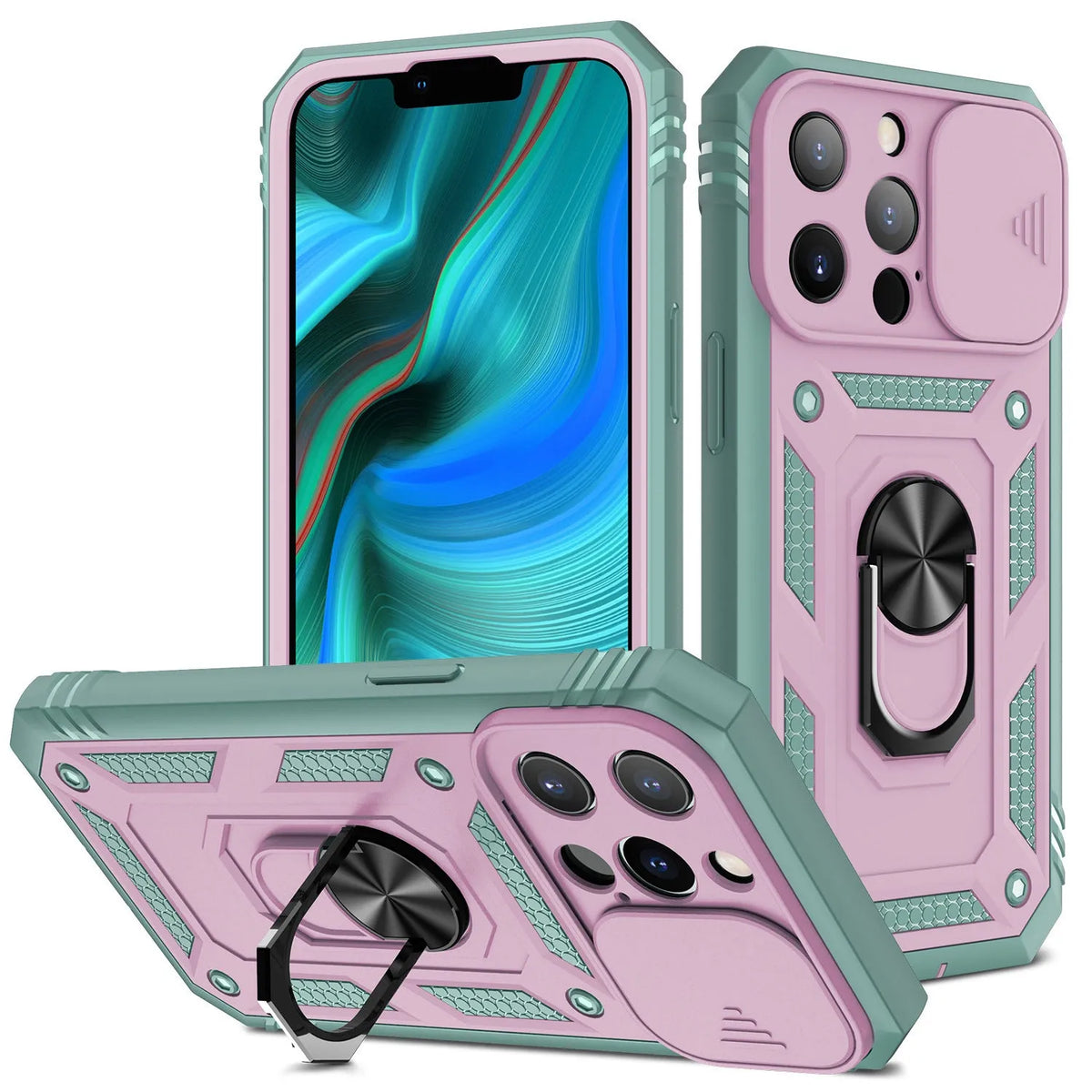 Magnetic iPhone case with sliding window bracket in two-tone colours