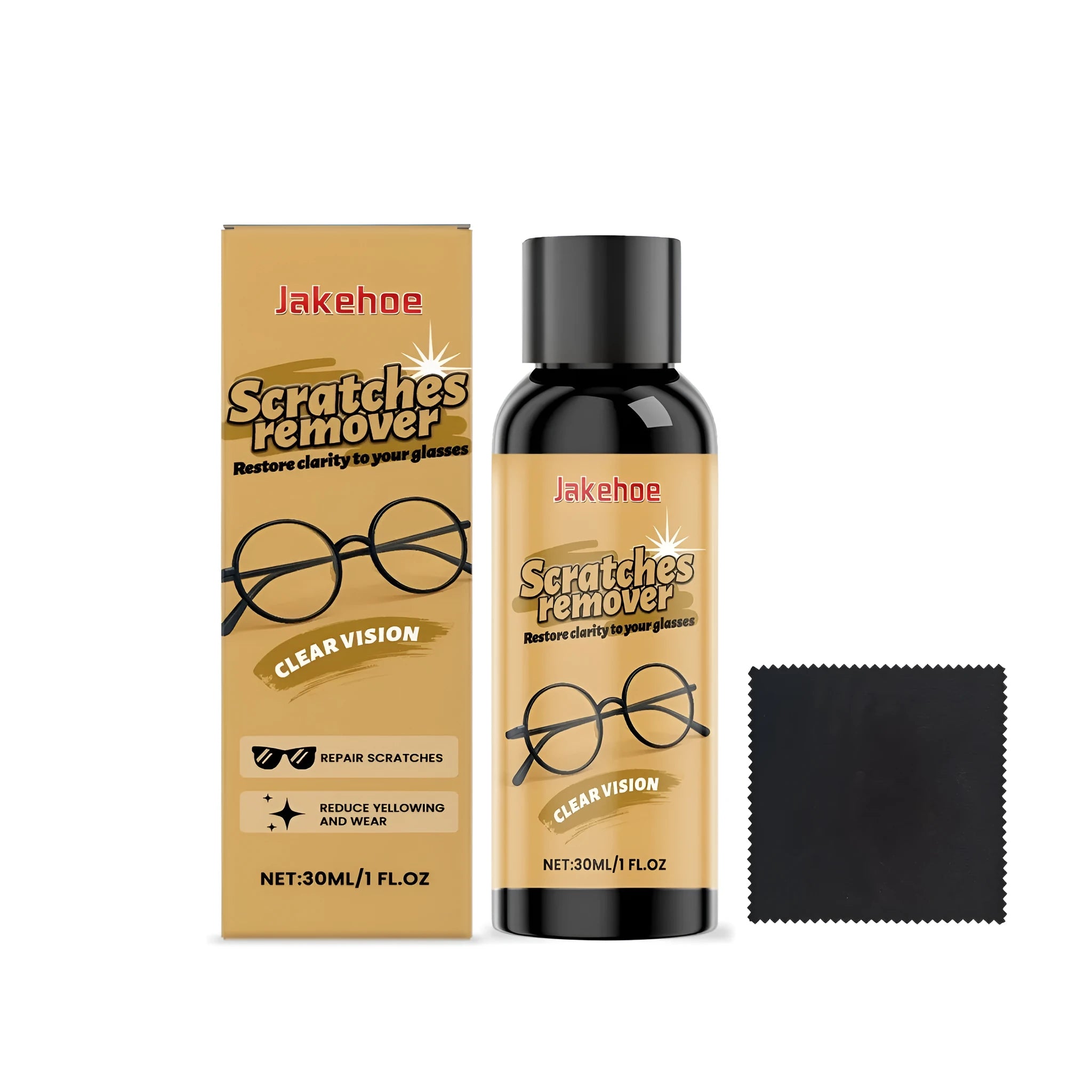 30ml bottle of glasses scratch remover liquid with microfibre cleaning cloth