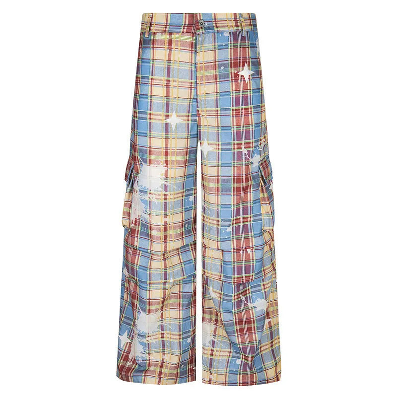 Man wearing blue retro plaid loose-fit straight leg casual trousers.