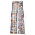 Man wearing blue retro plaid loose-fit straight leg casual trousers.