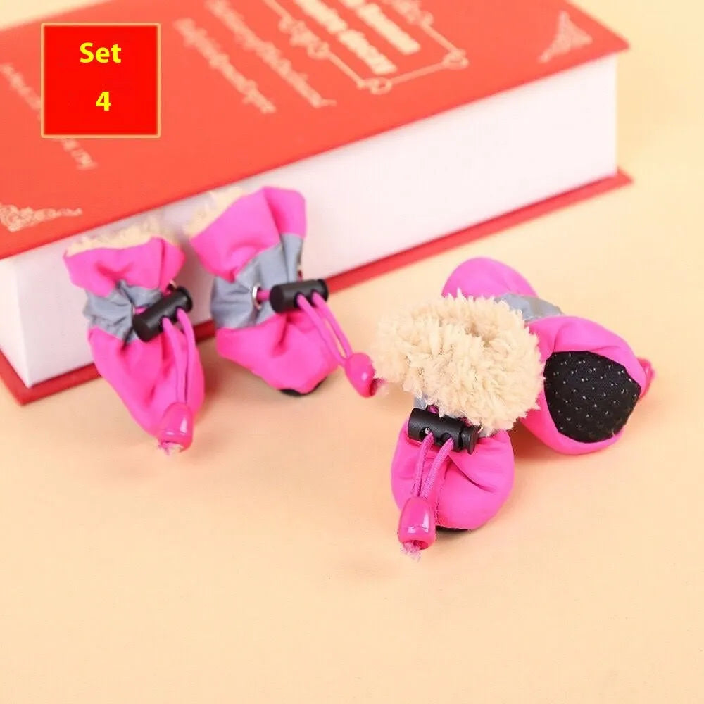 Pet dog shoes in multiple colours including rose red, black, blue monkey print, and fleece-lined options