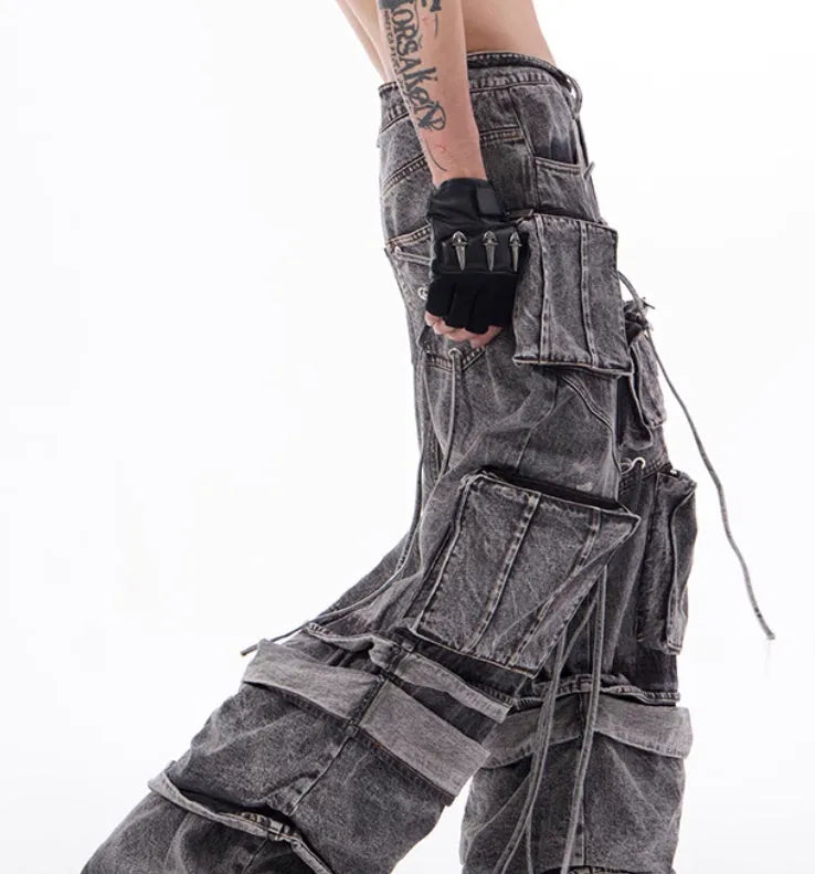 Grey distressed denim mop pants with rope stitching details American-style overalls
