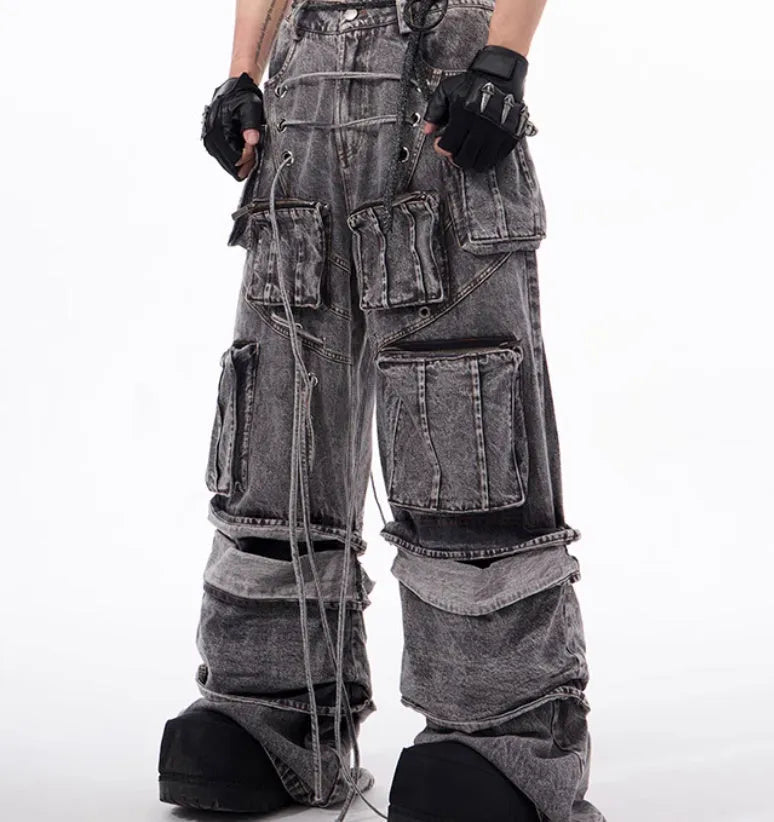 Grey distressed denim mop pants with rope stitching details American-style overalls