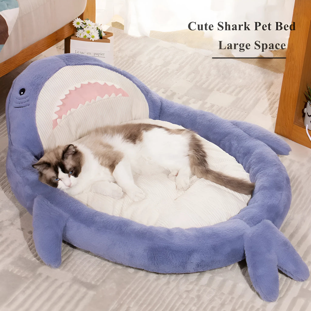 Blue shark pattern velvet pet bed cushion with no-slip bottom for small to medium dogs
