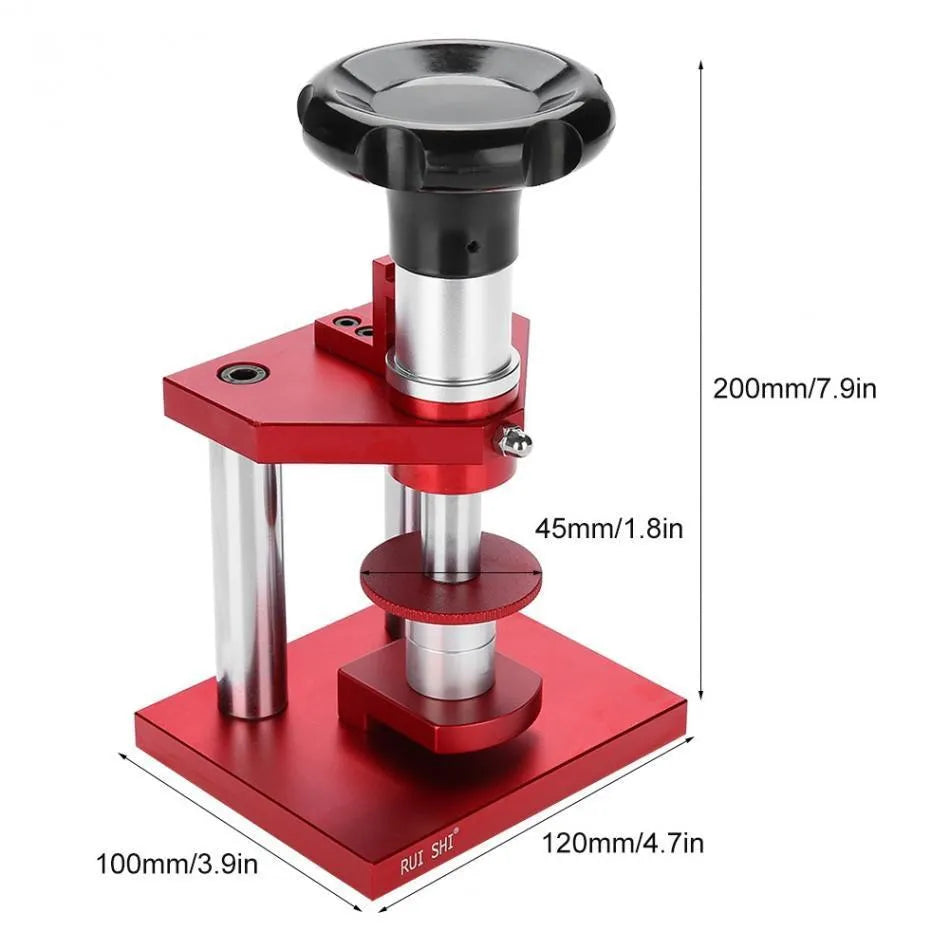 Watch repair spiral presser tool with a set of 20 plastic moulds for case backs on a grey surface