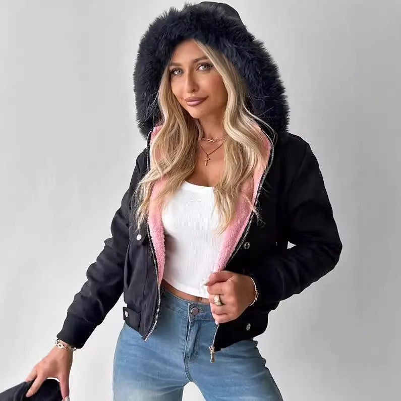 Women's hooded jacket with furry lining, polyester, long sleeve, available in five colours and sizes S-XXL