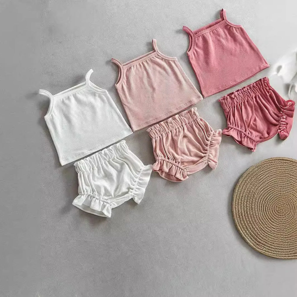 PP thin rib cotton baby girls' two-piece shorts set in coral pink with pullover blouse