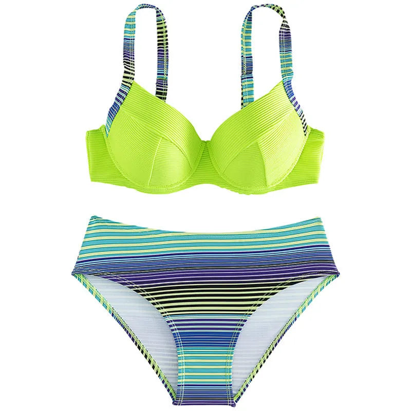 Green printed halter bikini set with split brief bottoms for women