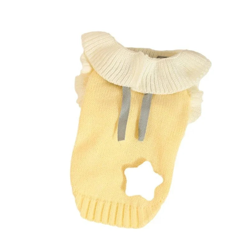 Yellow autumn dog sweater on small pet showing XINGX and fairy dress style options with size chart