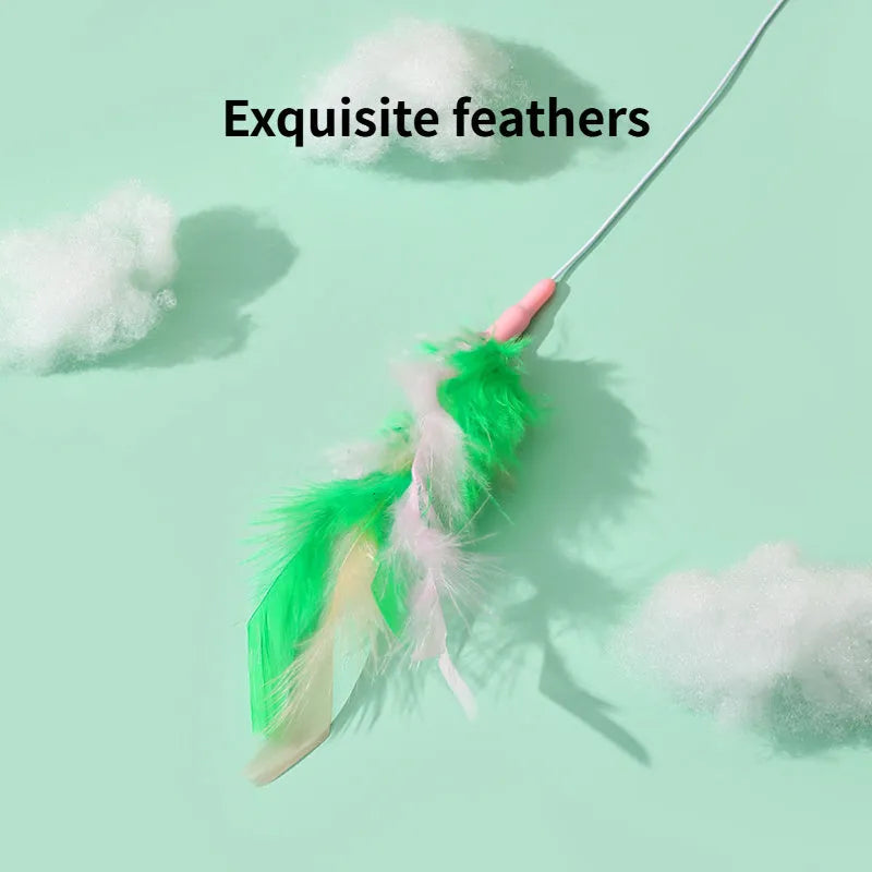 Green interactive cat feather wand toy with bell and feather attachments