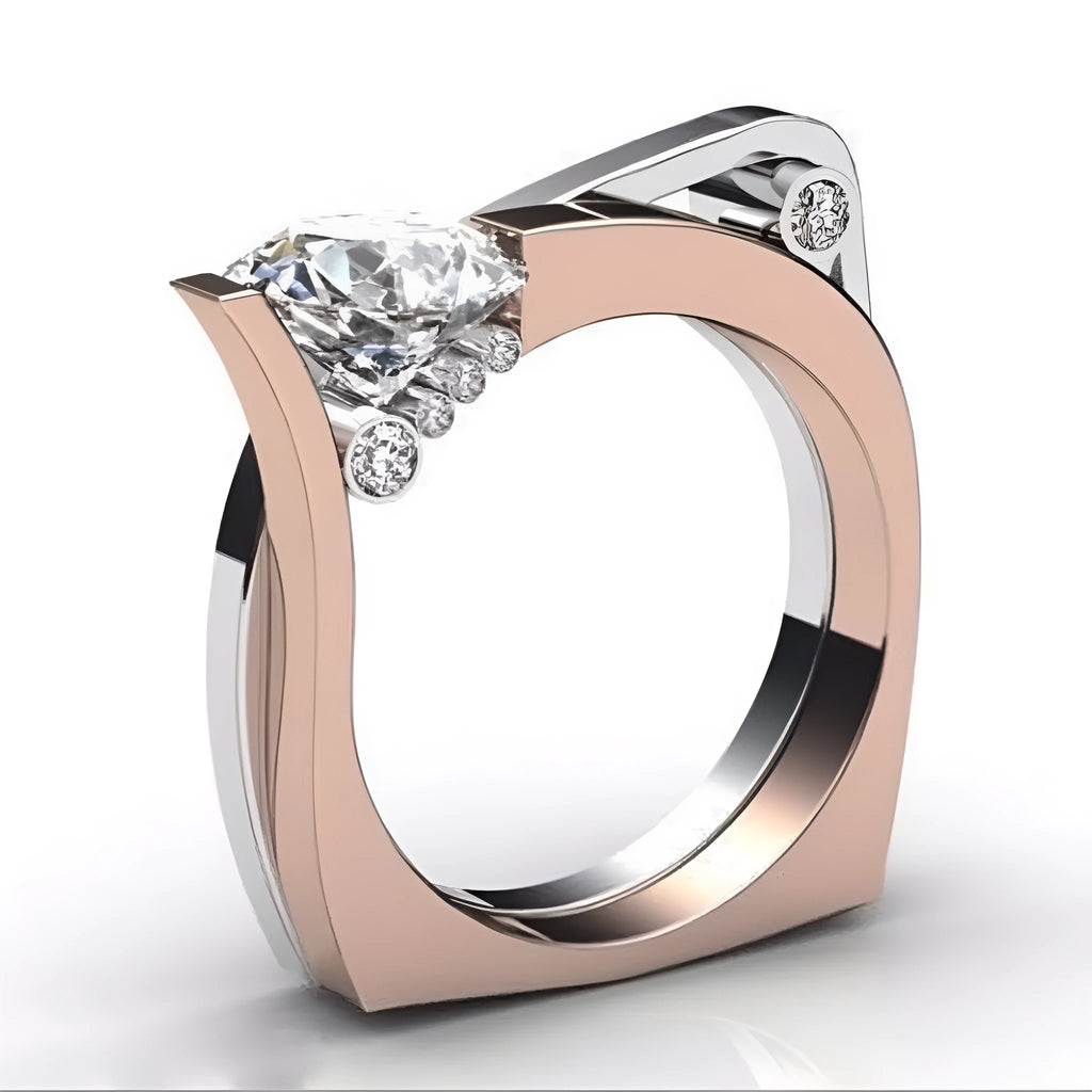 Rose gold electroplated alloy geometry ring with zircon inlay, women's fashion jewellery