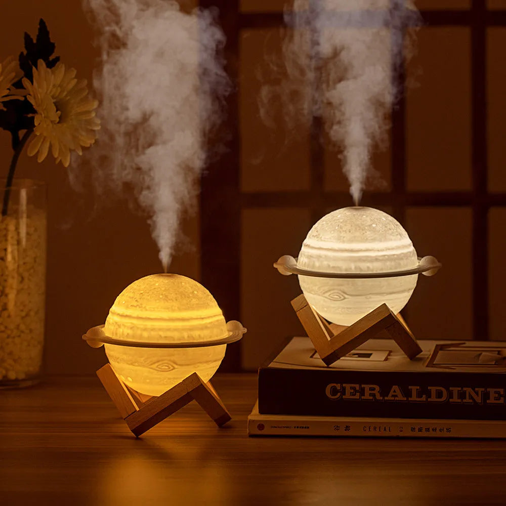 Planet humidifier 200mL USB mute 2.5W 154 x 137 x 105mm with cotton stick and wooden frame in Dark Wood or Wood