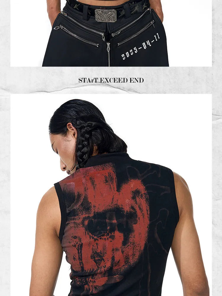 Black slim-fit sleeveless T-shirt with half turtleneck collar and character print design