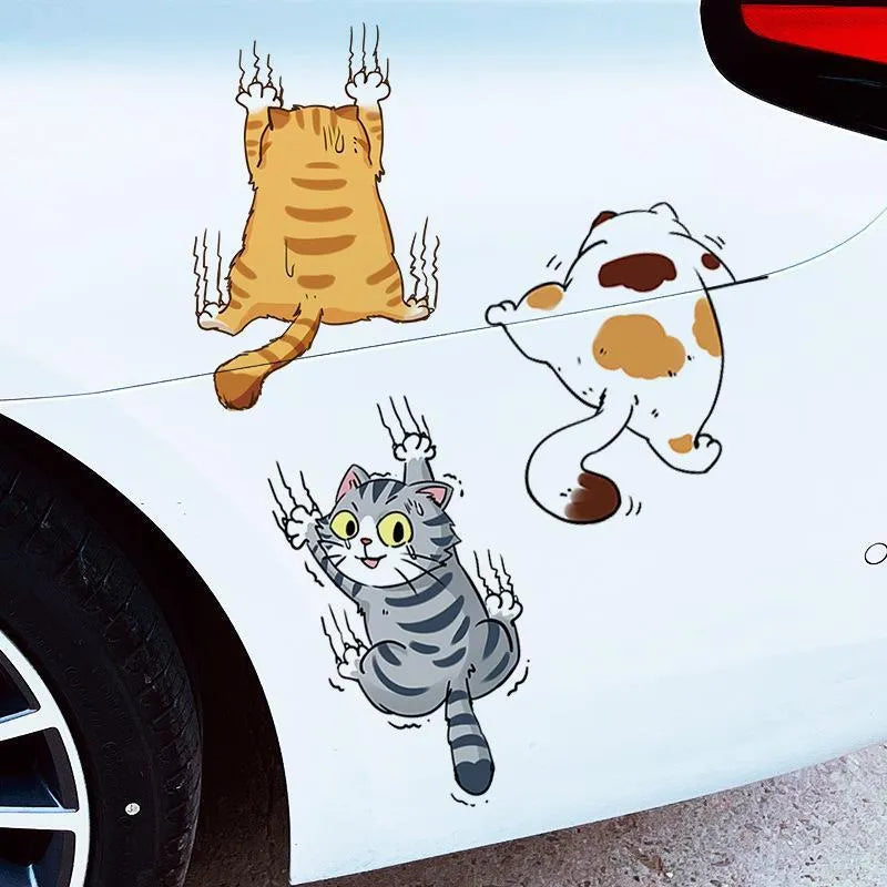 Three cat cartoon vinyl stickers for car doctor blade covers with adhesive tool, available in multiple sizes