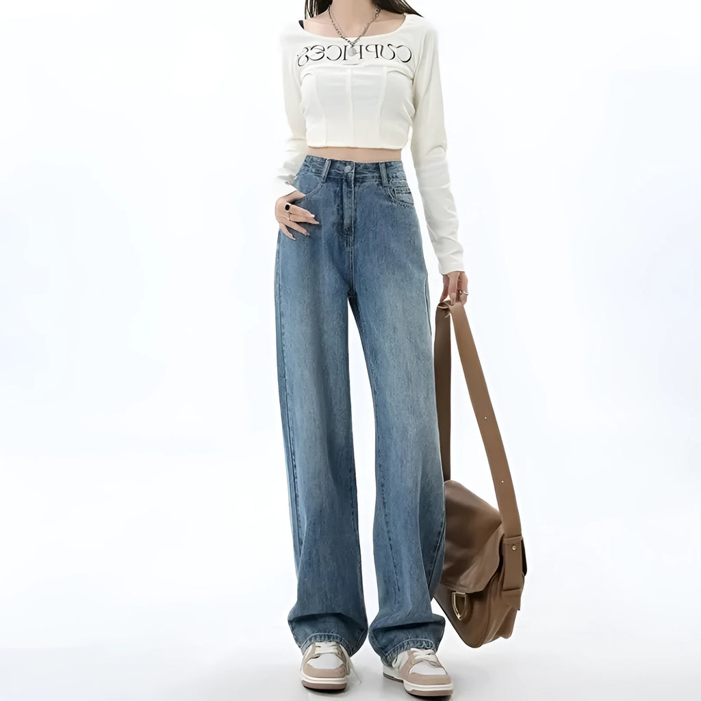 Retro blue women's wide leg jeans with high waist design on hanger